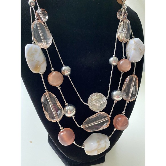 NY Jewelry Multi Strand Necklace W/ Stones pink Clear Marble Signed 20” Long - Picture 2 of 6